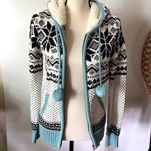 Women's Black and White Hooded Sweatshirt with Blue Accents